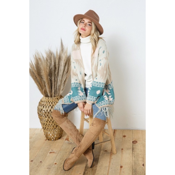 SOLD OUT Taupe Teal Bell Sleeve Aztec Western Tribal Fringe Knit Boho Cardigan - Picture 5 of 10